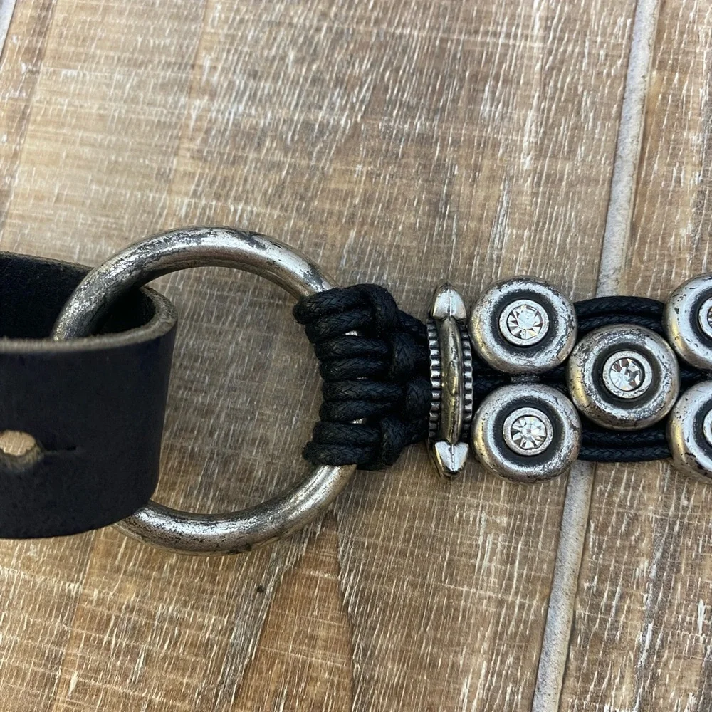 ANTONIAZZI FIRENZE Black Leather Belt Silver Hardware Rhinestones Made in Italy